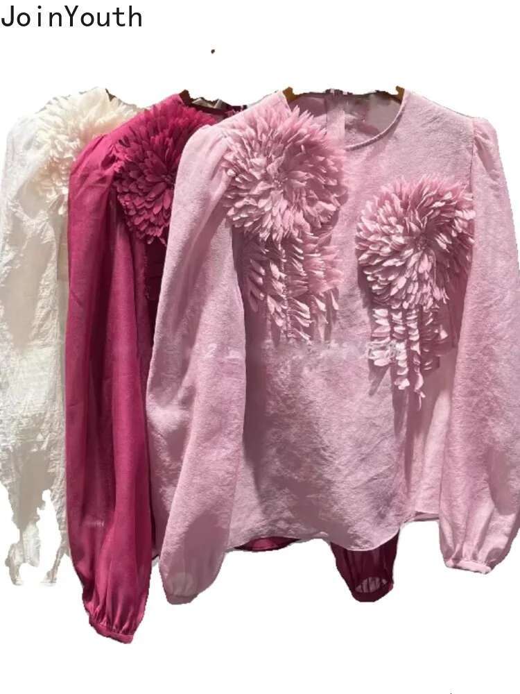 2025 Blusas Mujer De Moda Solid Color Blouse Women Clothing 3D Floral Shirts Long Sleeve O-neck Loose Korean Summer Blouses Tops