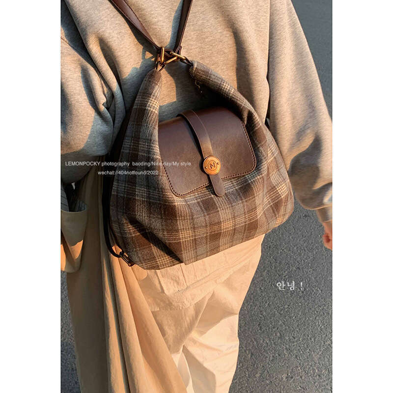 designer bag Korean Wind Casual Wool Plaid Backpack for Women Autumn 2024 New College Style Single Shoulder Tote Bag