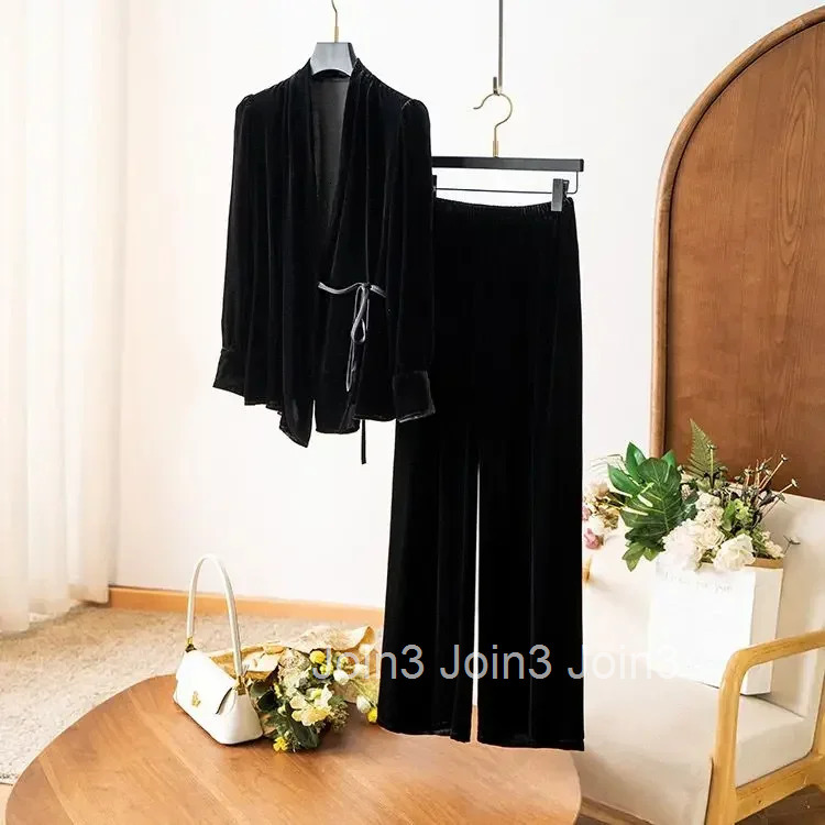 Temperament Outfits Vintage Korean Two Piece Sets V-neck Bandage Shirts High Waist Straight Wide Leg Pants Suit Chic Velvet Set