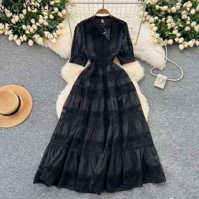 Summer Dresses for Women Slim Waist Short Sleeve Vintage Robe Femme Patchwork Lace Hollow Out Maxi Dress 2025 Vestidos De Mujer