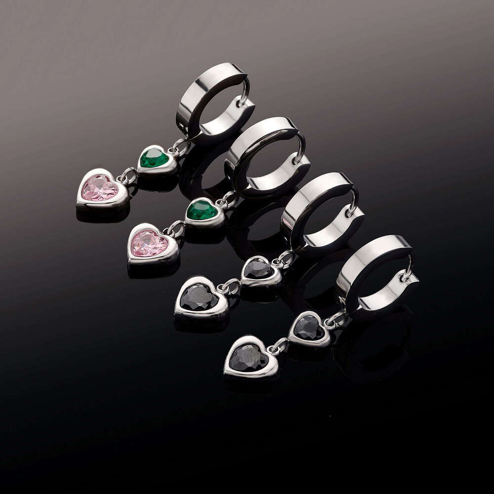 Light Colorful Heart Zircon Elegant Women Stainless Steel Earrings Non-Fading Personality Tassel Ear Clips