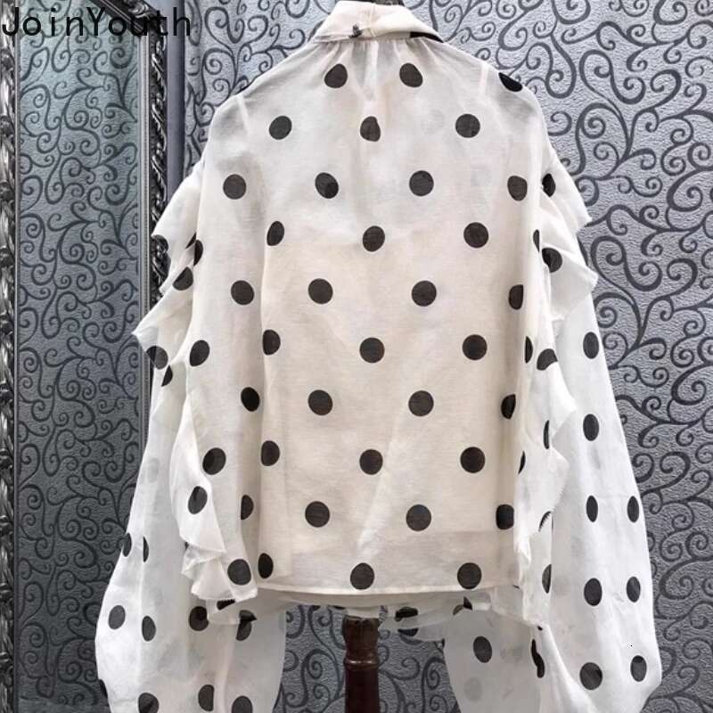 Polka Dot Blouse for Women Bandage Long Sleeve Temperament Tops Chic Oversized Shirts 2025 Blusas Mujer De Moda Vintage Blouses