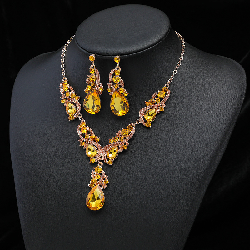 New Exaggerated Statement Necklace Earring Set Luxury Gemstones Natural Crystals with Cross Mirror Accents Perfect for Dresses
