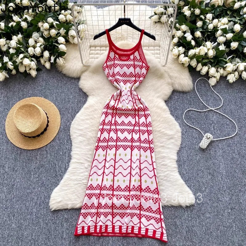 Knitting Thin Dress Women Clothes Print Sleeveless Summer Robe Femme Casual Fashion Vintage Maxi Dresses 2025 Vestidos De Mujer