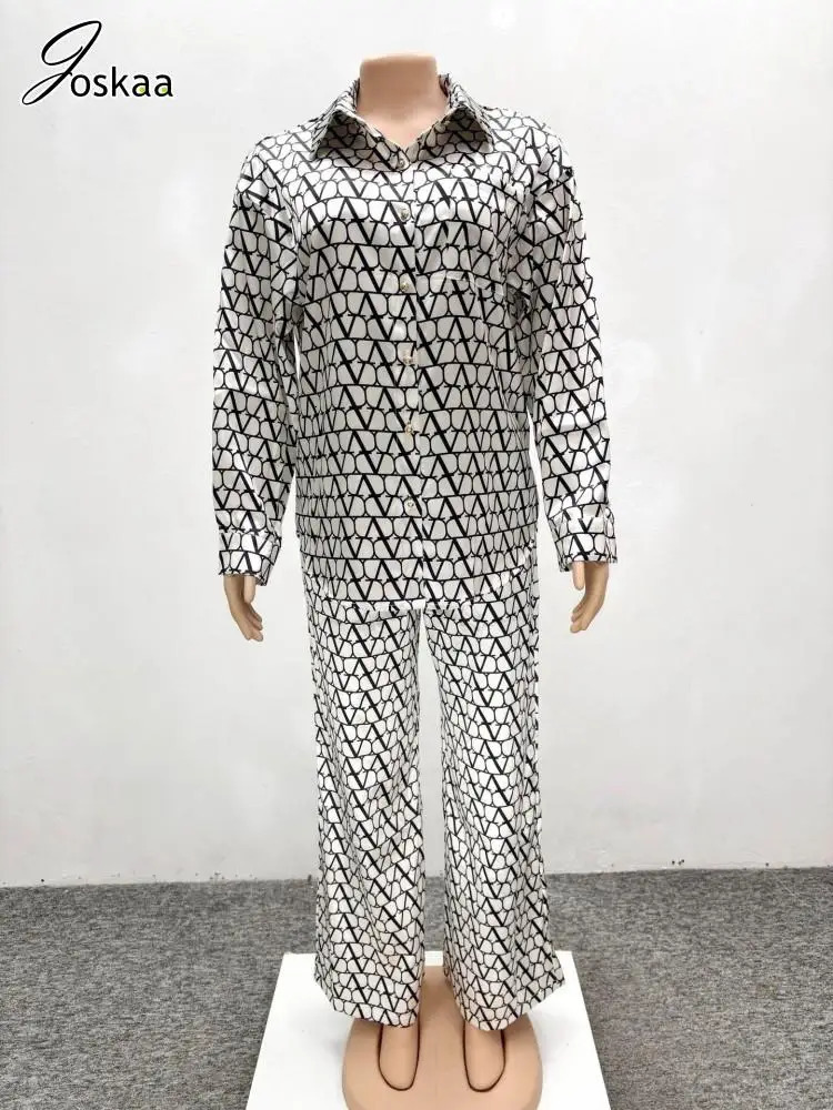 Joskaa Print 2 Piece Sets Women Hipster Lapel Full Sleeve Oversized Blouse and Wide Leg Pants Matching 2025 Y2K Streetwear 250617