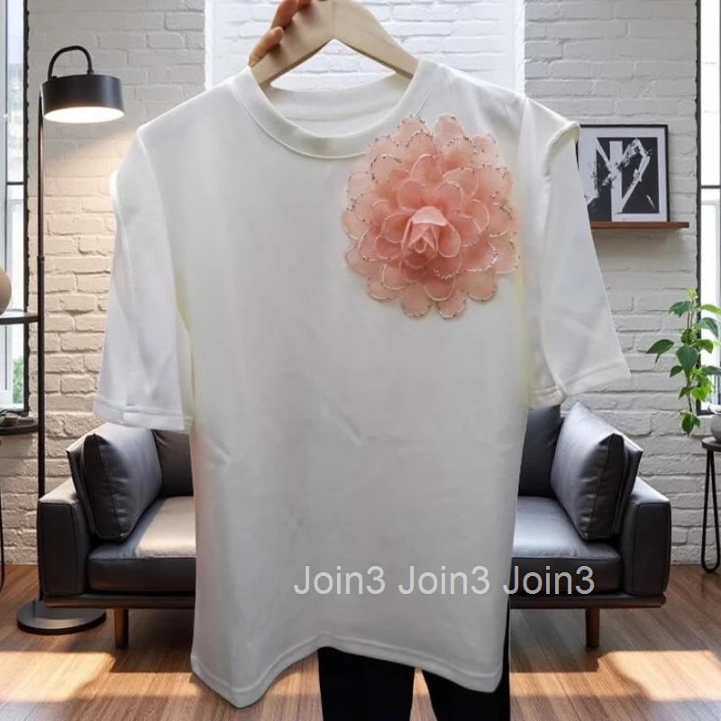 2025 Women Clothing Summer T Shirts 3D Floral White Tees Ropa Mujer Short Sleeve O-neck Camisetas Casual Fashion Loose T-shirt
