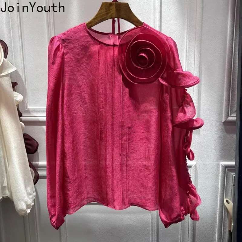 2025 Camisas De Mujer Blouse for Women Temperament Lady Tops O-neck Long Sleeve 3D Floral Shirts Vintage Loose Korean Blouses