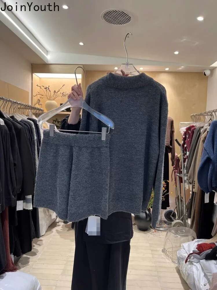 Knitted Suit Fasion Korean 2 Piece Set Womens Clothing Turndown Collar Oversized Cardigan Drawstring Shorts Outfits Causal Sets