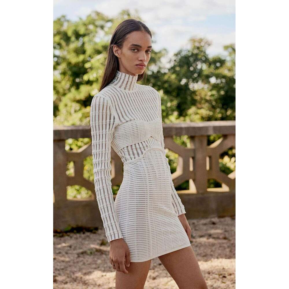 White Skirt Maxi Skirt Hofnige Summer New Tight Mesh See Through Sexy Bodycon White Stand Collar Long Sleeve Bandage Dress Long Skirt