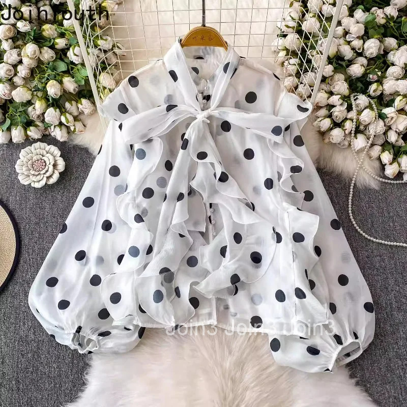 2025 Blusas Mujer De Moda Blouses for Women Stand Neck Bangage Lantern Sleeve Loose Shirts Vintage Polka Dot Ruffles Blouse Tops