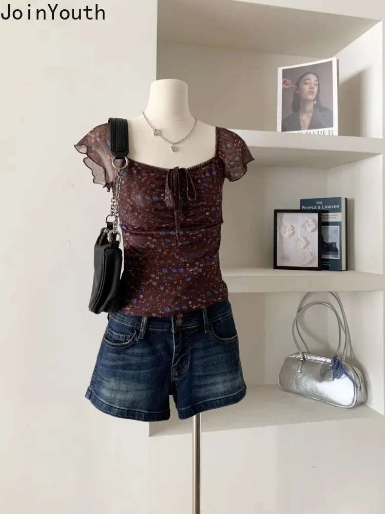 Print Sweet Tshirts Womens Clothing V-neck Short Sleeve Tees 2025 Ropa Mujer Vintage T-shirt Bandage Tunic Summer Crop Tops