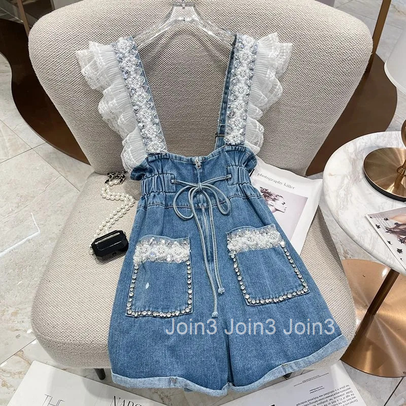 Fashion Denim Shorts Women Clothing Summer Overalls Heavy Beading Ruffles Pantalones Cortos De Mujer Korean Y2k Wide Leg Pants