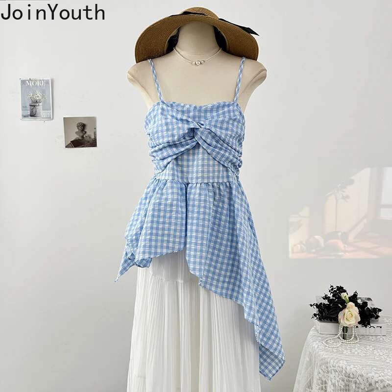 Summer Tees Ruffles Irregular Tanks Womens Clothing Korean Camis Crop Tops Tunic Fashion Plaid Folds Sweet Vest 2025 Ropa Mujer