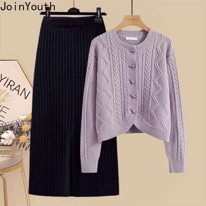 Skirt Suit Two Piece Sets Womens Outfits Roupas Femme O-neck Sweater Coat High Waist Bodycon Skirt Sets Casual Knitted Clothes