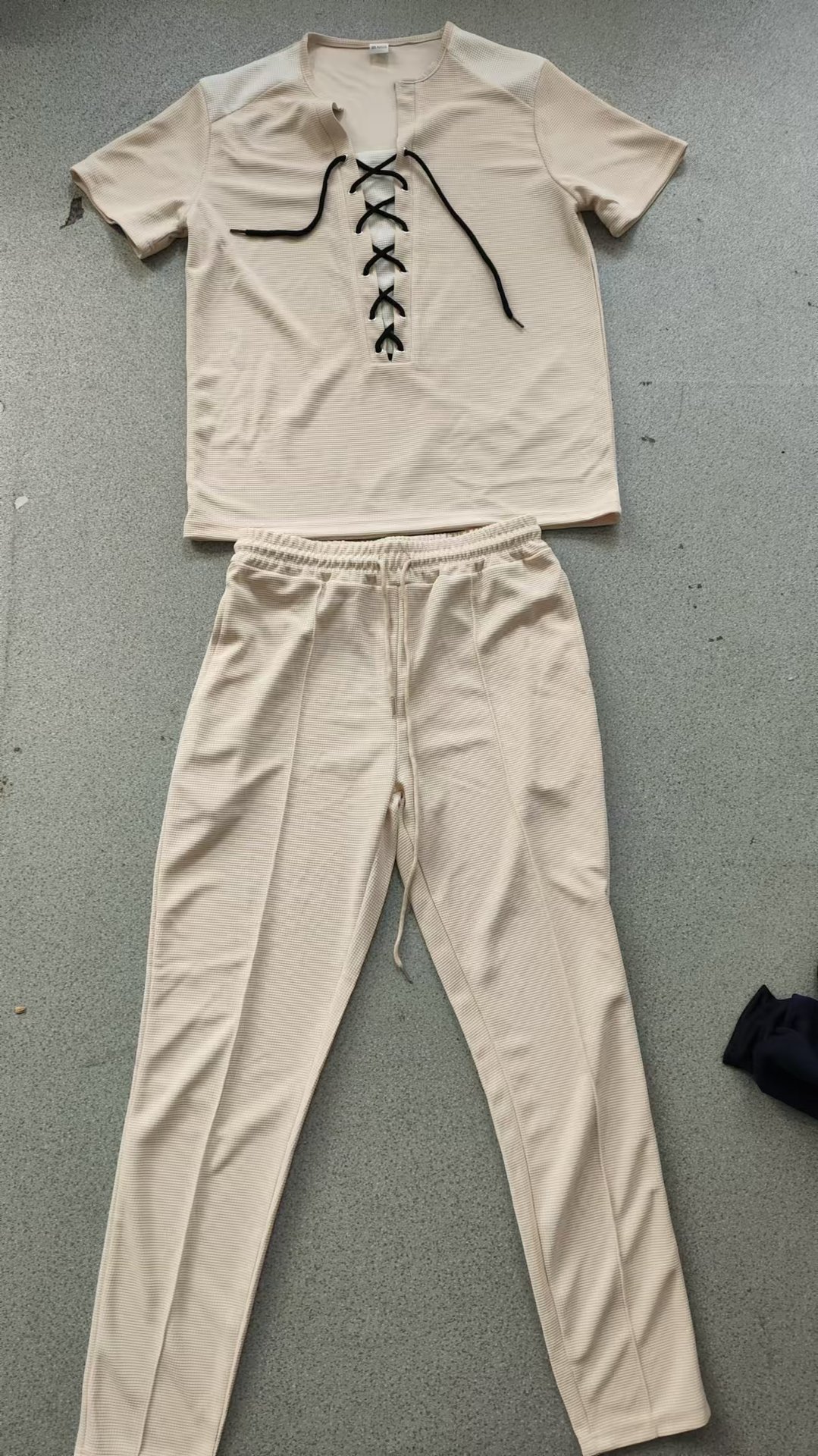 Mens tracksuit Men's fashion two-piece set new Waffle T-shirt fashionable long pants V-neck drawstring short sleeve + long pants two-piece casual