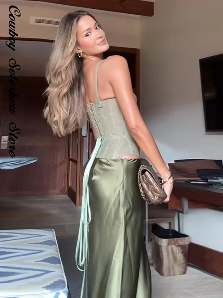 Elegant Fishbone Top Long Skirt Set Women Slim Sling Lace Bandage Hip Package Skirts 2025 Summer Beach Party Lady Suit 250616