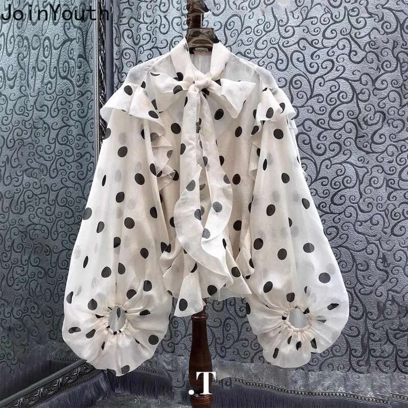 Polka Dot Blouse for Women Bandage Long Sleeve Temperament Tops Chic Oversized Shirts 2025 Blusas Mujer De Moda Vintage Blouses