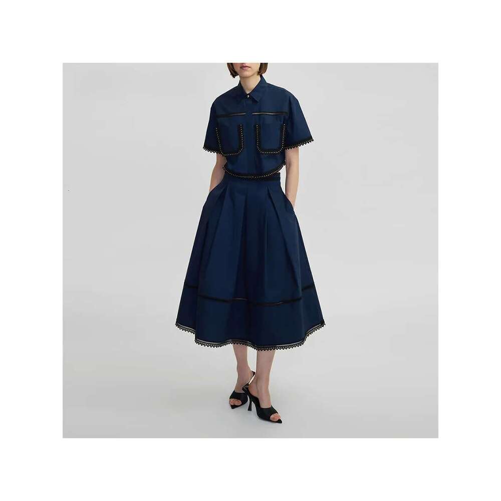 Solid Two Piece For Women Lapel Short Sleeve Tops High Waist A Line Skirt Slimming Sets Female Fashion Style