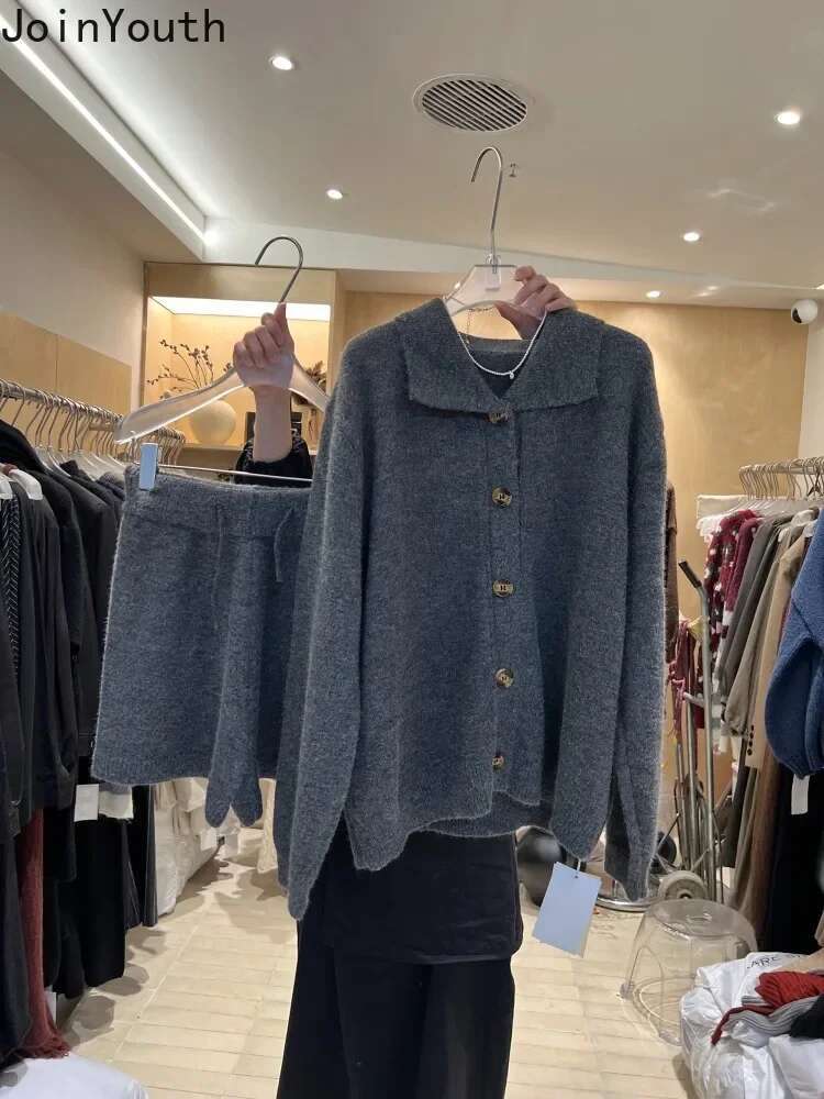 Knitted Suit Fasion Korean 2 Piece Set Womens Clothing Turndown Collar Oversized Cardigan Drawstring Shorts Outfits Causal Sets