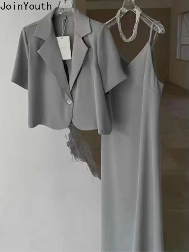 2025 Women Clothing Two Piece Sets Womens Outfits Short Sleeve Blazer Coat Tunic Sling Maxi Dress Suit Temperament Summer Set