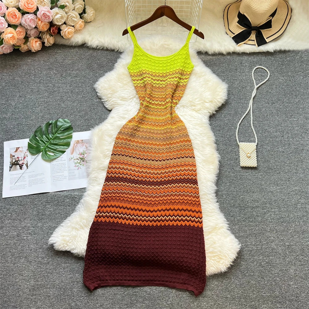 YuooMuoo Fashion Vacation Style Gradient Beach Knitted Maxi Dress Summer Sexy Package Hips Bodycon Party Streetwear Outfit 250616