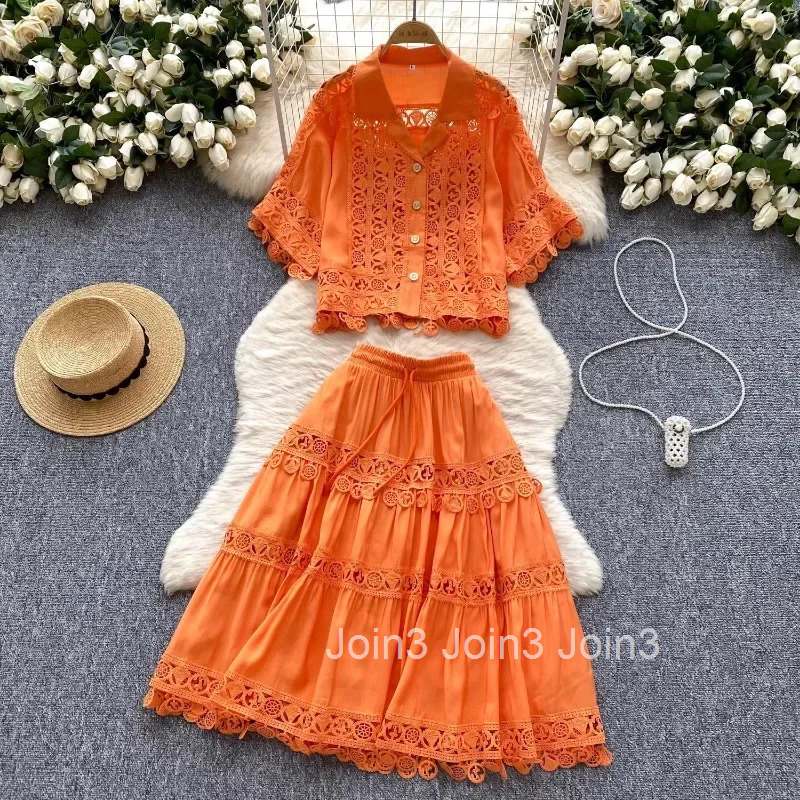 Skirt Suit 2 Piece Sets Women Outfits Short Sleeve Hollow Out Blouses Slim Waist Patchwork Lace A-line Skirts Set Summer Clothes