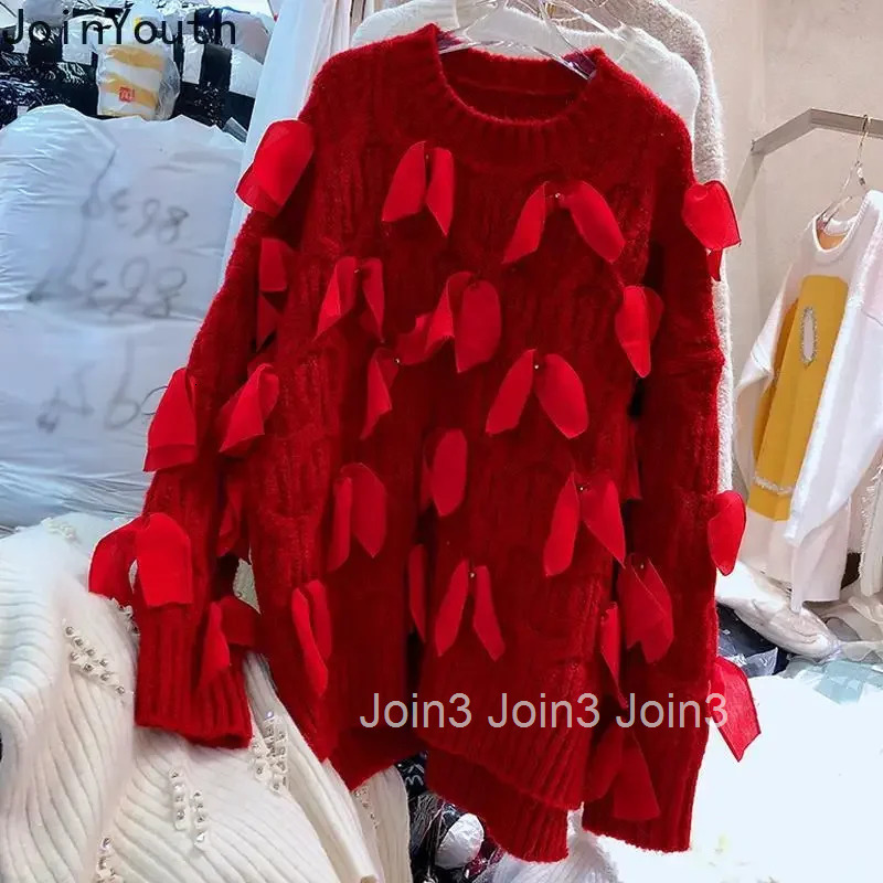 2025 Women Clothing Knitting Pullvoers 3D Bow Korean Juper Pull Femme Casual Fashion Oversized Sweater Tops Knit Sueter Mujer