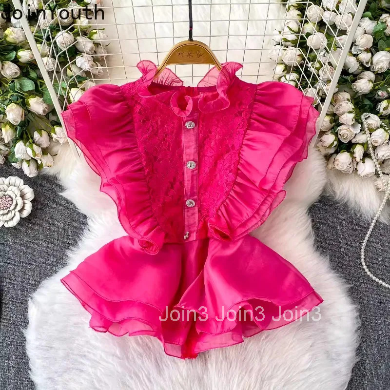 2025 Camisas De Mujer Sleeveless Stand Neck Blouse Women Clothing Heavy Lace Tunic Temperament Tops Ruffles Sweet Summer Shirts