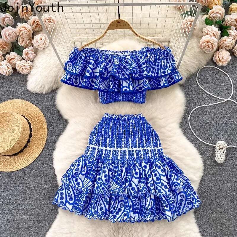 Women Clothing Summer Suit 2 Piece Sets Slash Neck Ruffles Crop Tops Bodycon Mini Skirt Outfits Hollow Out Folds Sweet Chic Set