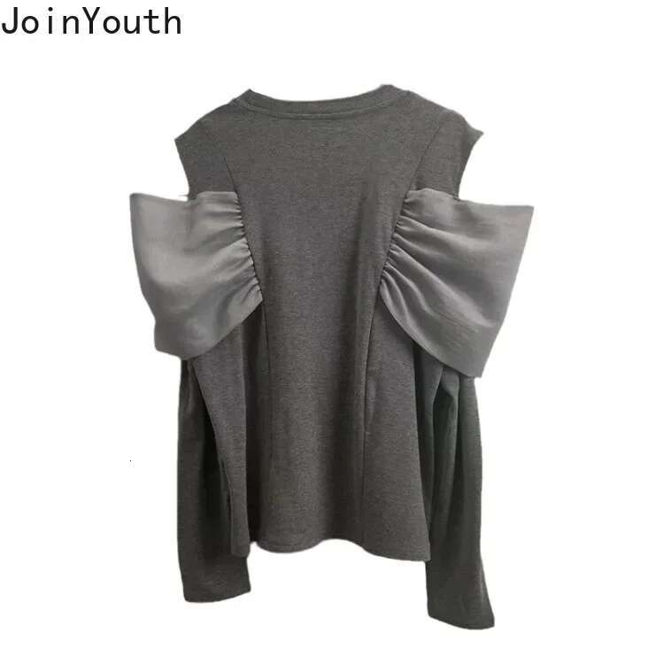 Fashion Woman Tshirts Patchwork Gauze Bow Long Sleeve Tees 2025 Ropa Mujer O-neck Off Shoulder Casual Tops Sexy Y2k T-shirt