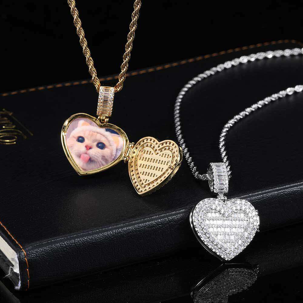 Hip Hop Small Flip Cover Heart Pendant Copper Inlaid Zircon Trendy Brand Personality Photo Frame Men's Necklace 04b2