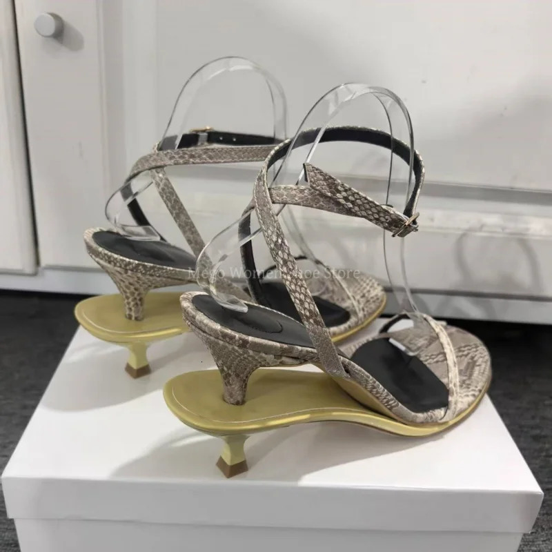 Narrow Band Stiletto Strange Heels Sandals Women Snake Skin Pattern Ankle Strap Sandal Genuine Leather High-End Shoes 250617