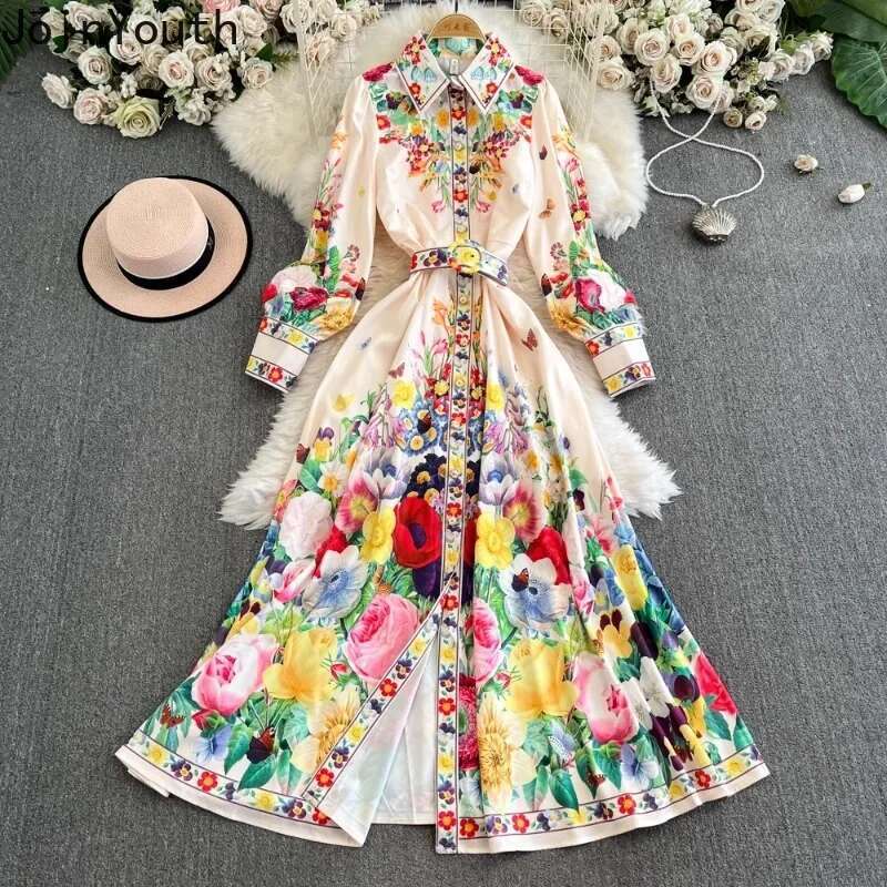 2025 Vestidos De Mujer Floral Print Woman Dress Single Breasted Big Swing Loose Robe Femme Slim Waist Vintage Chic Maxi Dresses