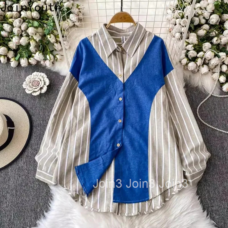 Korean Casual Shirts Women Clothing Patchwork Striped Long Sleeve Blouses Fashion Summer Loose Tops 2025 Blusas Mujer De Moda