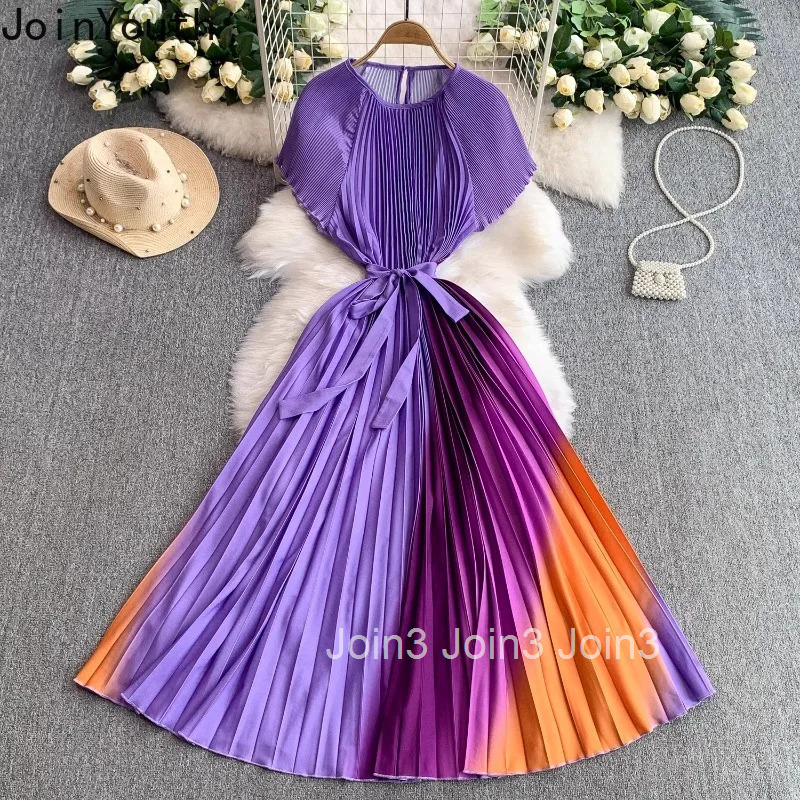 Fashion Gradient Color Pleated Dress O-neck Short Sleeve Slim Waist Robe Femme 2025 Vestidos De Mujer Bandage Summer Dresses