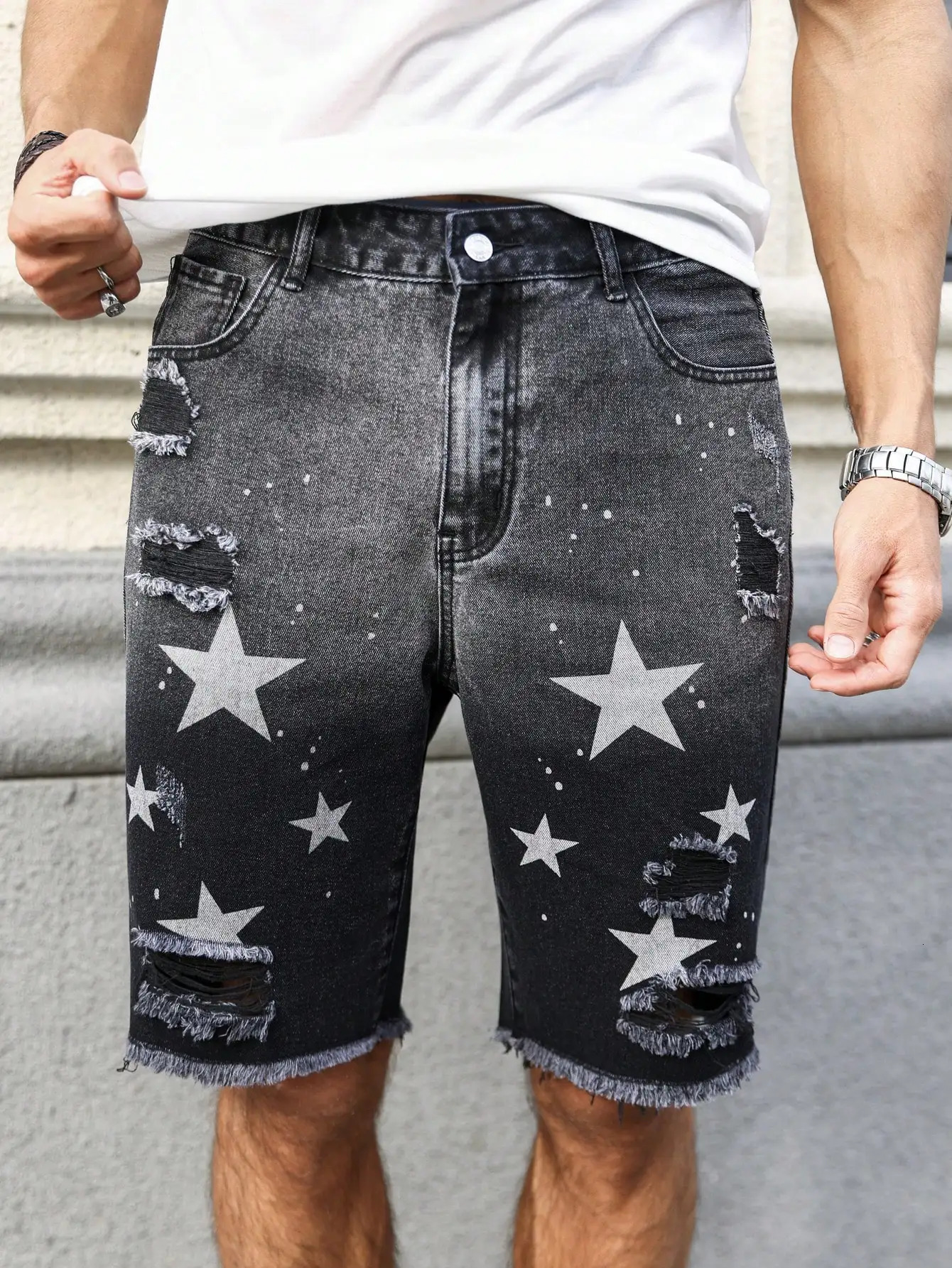 Mens summer denim printed shorts. Black - grey gradient color. Ripped details. Street - style trend. 250616