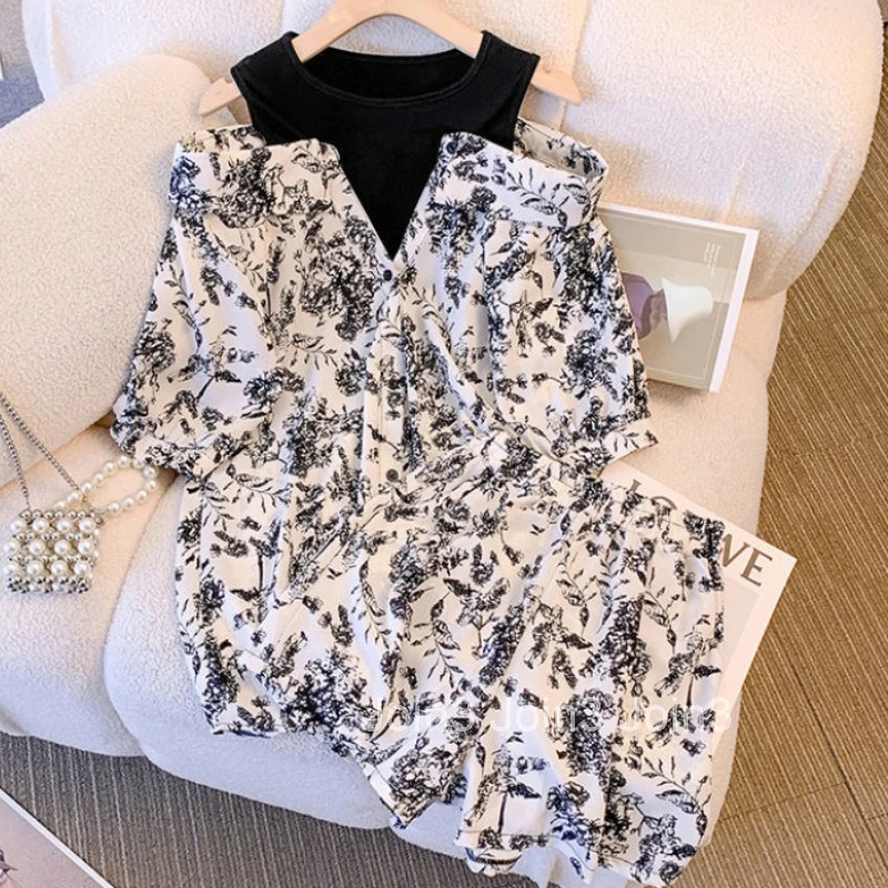 Fashion Two Piece Sets Women Outfits Patchwork Off Shoulder Oversized Shirt Wide Leg Pants Suit Casual Floral Korean Summer Set
