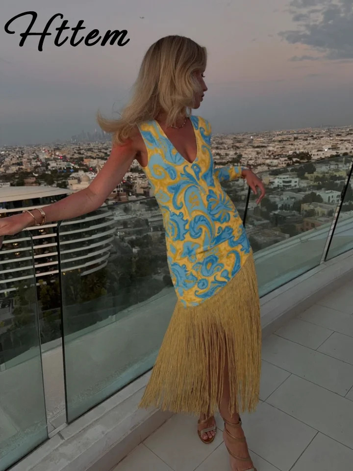 Fashion Tassels Print Dress Women Slim Patchwork O Neck Sleeveless Long Robe Female 2025 Summer Fashion Beach Dresses Lady 250619