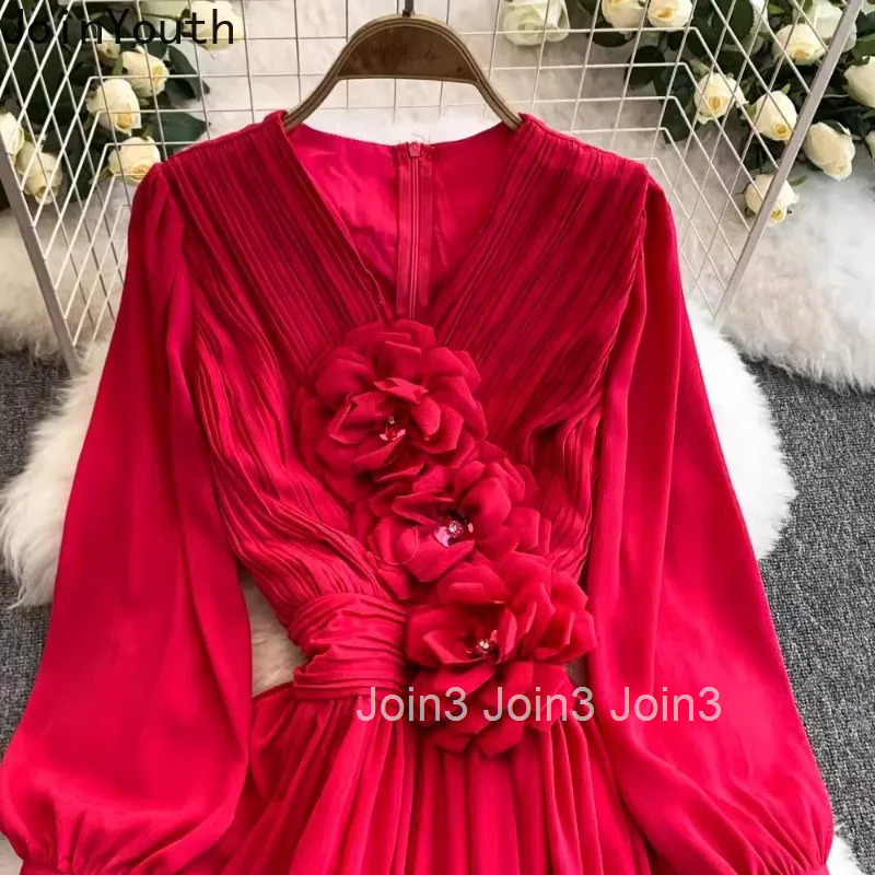 Maxi Woman Dress Slim Waist Temperament Robe Femme 2025 Vestidos De Mujer V-neck Long Sleeve 3D Floral Summer Vintage Dresses
