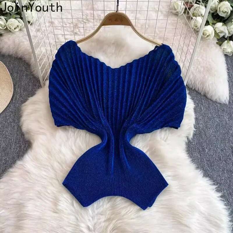 Summer Women Clothing Vintage 2 Piece Set Skirt Outfits Roupas Femme Short Sleeve Irregular Tops Gradient Pleated Skirts Suit