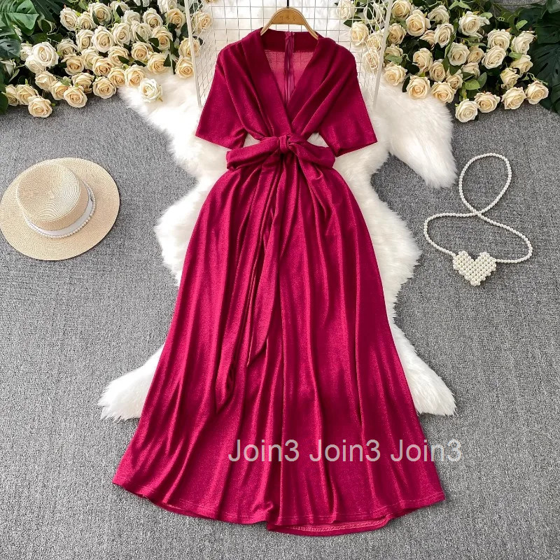 Maxi Dress for Women Bandage Slim Waist Tunic Robe Femme V-neck Short Sleeve Big Swing Summer Dresses 2025 Vestidos De Mujer