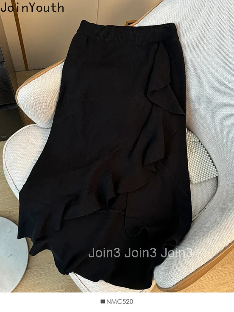 Knitted Women Skirts Vintage Korean Saia High Waist Bodycon Split Jupe 2025 Faldas Mujer De Moda Ruffles Tunic Irregular Skirt