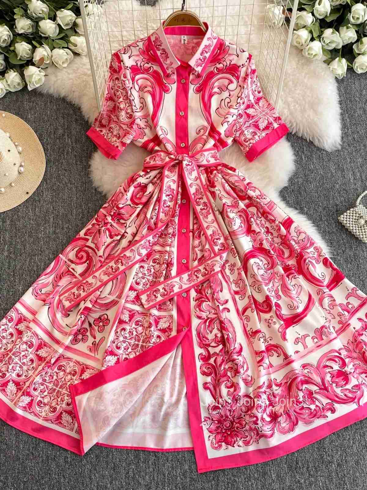 Summer Dress Women Tunic Floral Big Swing Temperament Robe Femme 2025 Vestidos De Mujer Short Sleeve Single Breasted Maxi Dress