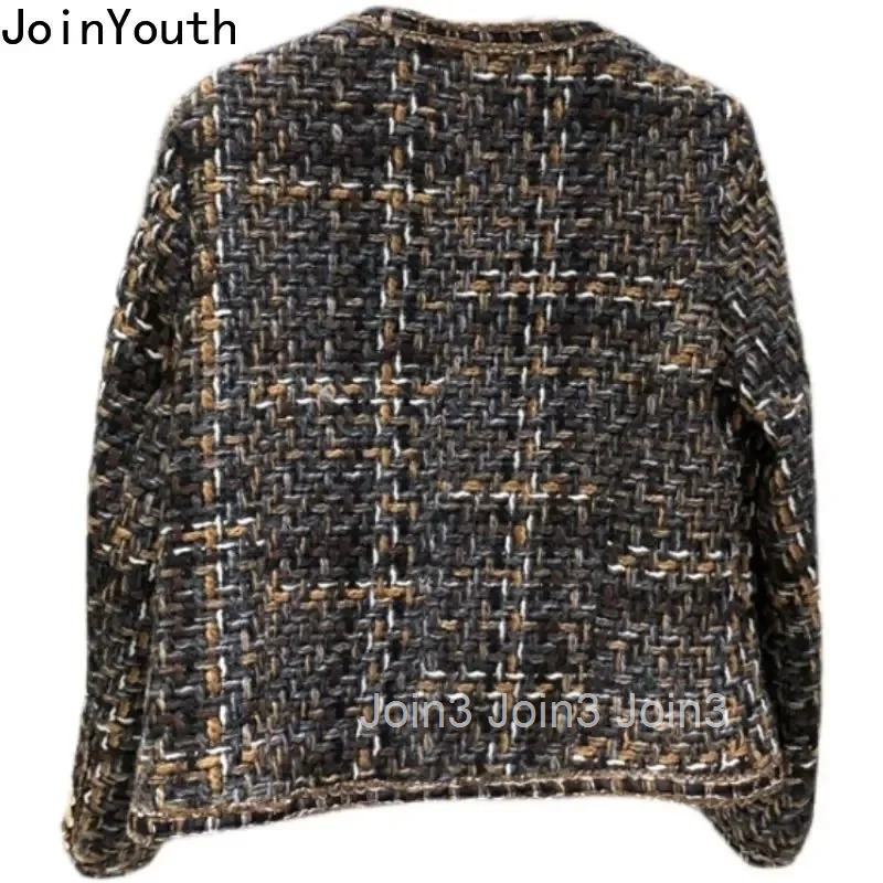 Vintage Jackets 2025 Women Clothing O-neck Long Sleeve Pocket Tweed Temperament Tops Fashion Korean Cropped Coat Y2k Clothes