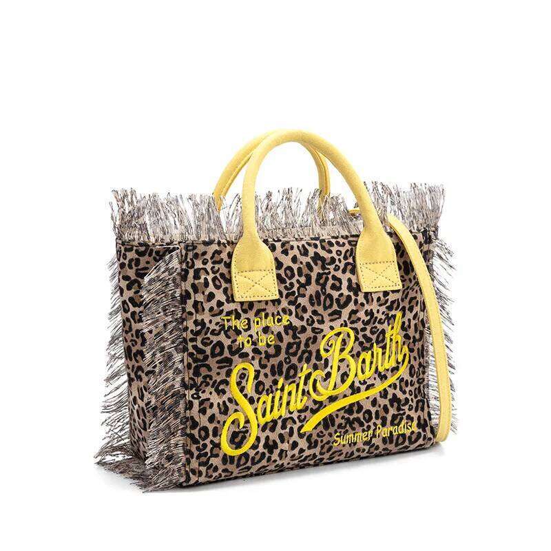 Saint Barth Handbag New Beach Casual Fringe Canvas Leopard Print Yellow Small Tote Bag For Women