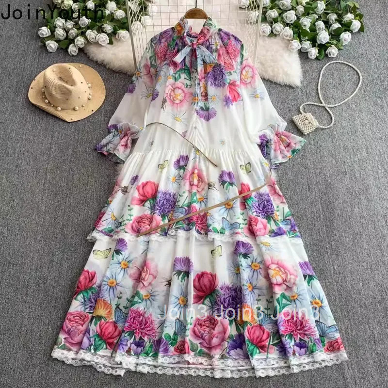 Maxi Dresses Womens Clothing Bandage Slim Waist Floral Robe Femme Bow Single Breasted Lace Summer Dress 2025 Vestidos De Mujer