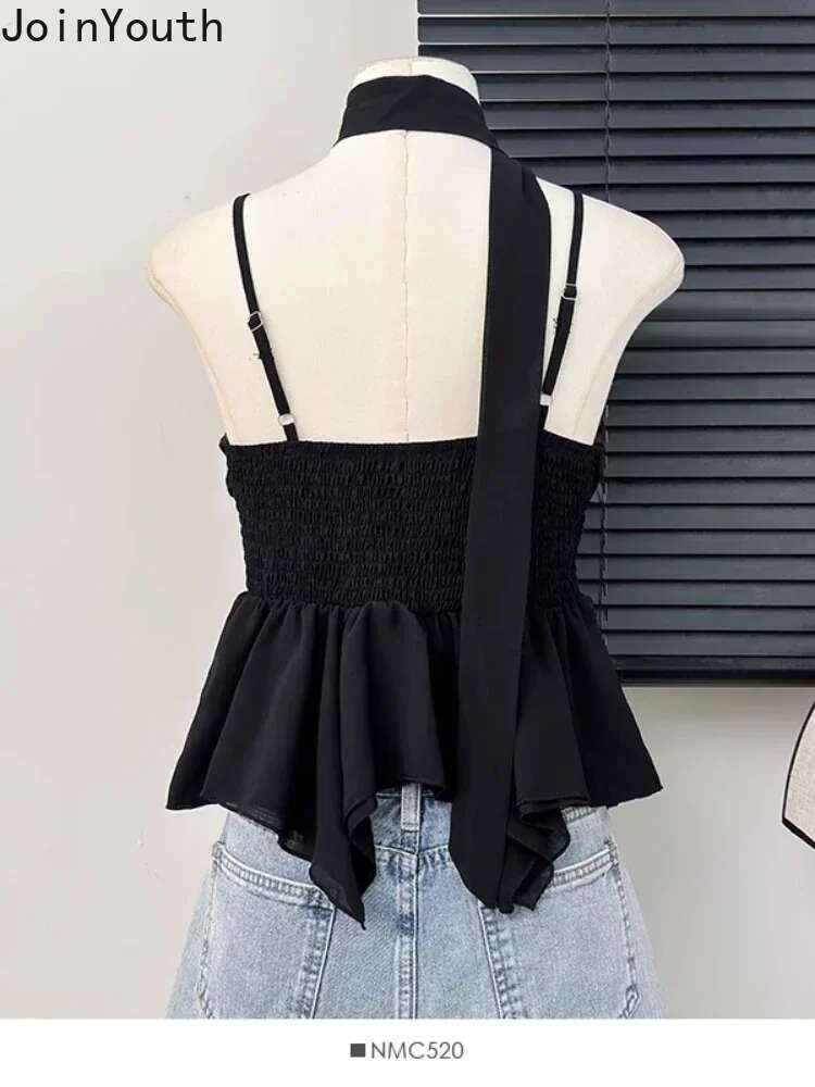 Temperament Lady Tops Sexy Vest Korean Fashion Clothing 3D Floral Bandage Tunic Camis Crop Tops Irregular Folds Summer Tanks