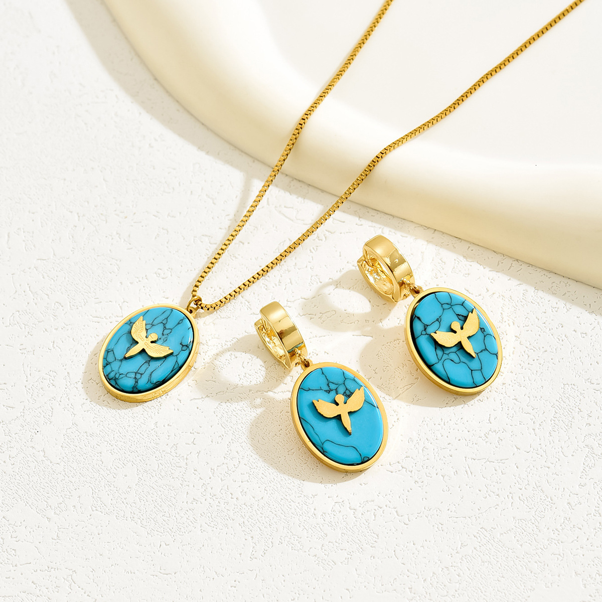 Fashion Commuter Earrings Necklace Simple Blue Turquoise Design Set Ear Cuff Clavicle Chain