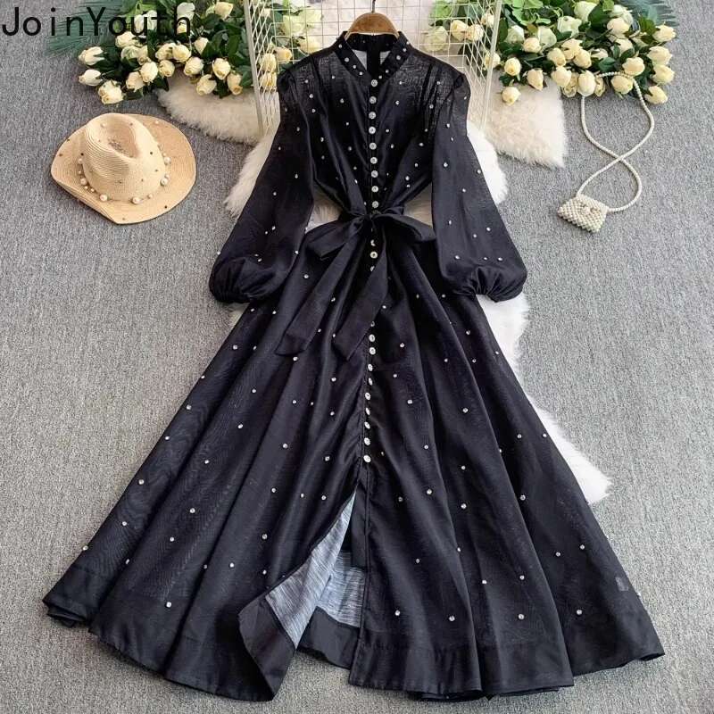 Elegant Maxi Dresses Women Clothing Stand Neck Lantern Sleeve Temperament Robe Femme 2025 Vestidos De Mujer Diamond Summer Dress