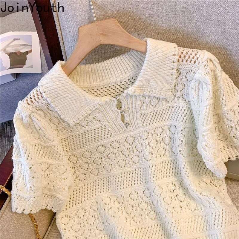 Hollow Out Knitted T Shirts for Women Turndown Collar Short Sleeve Tees 2025 Ropa Mujer Casual Fashion Summer Korean Tshirt Tops